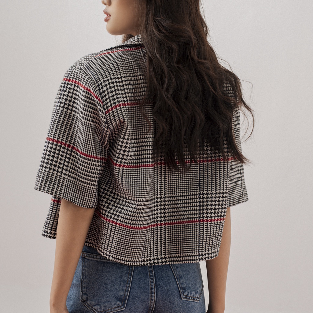 TATICHU - Red Plaid Cropped Blazer _ Áo Blazer croptop caro bố tay ngắn