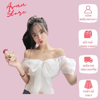 Áo trễ vai voan nơ 💋FREESHIP💋 áo bẹt vai hở vai voan thắt nơ bo eo dễ thương