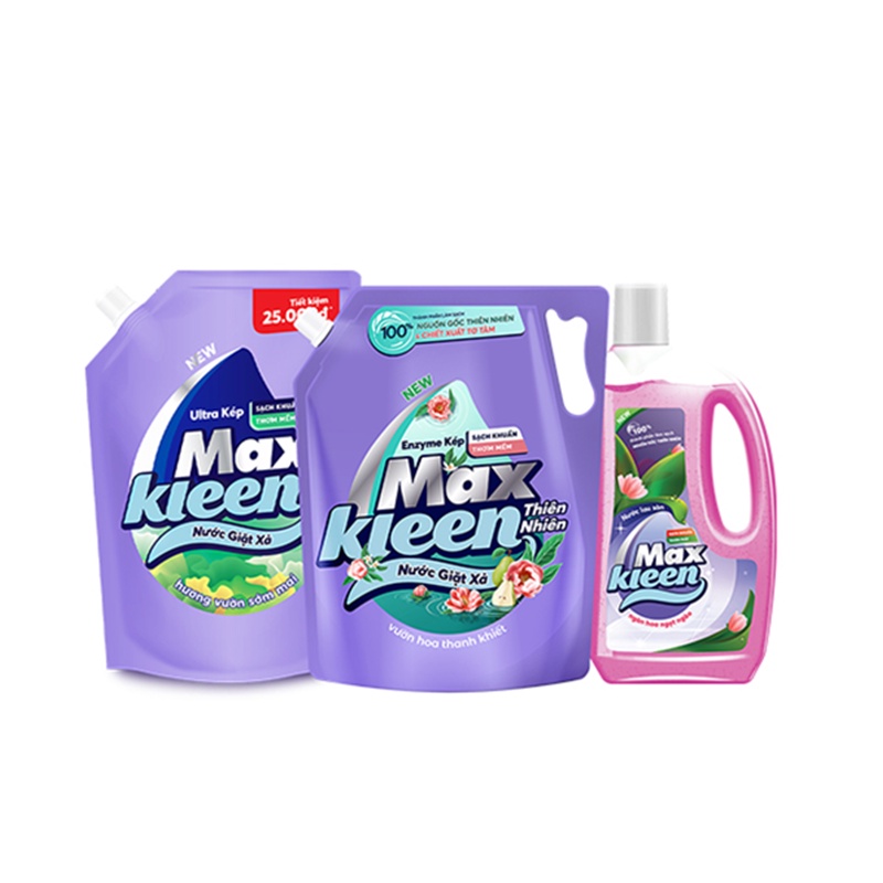 Nhà Bao việc có MaxKleen bao tuyệt: 1 Túi Garden 2.4kg + 1 Túi Natural 2.2kg + 1 Chai lau sàn 1kg Ngàn hoa ngọt ngào