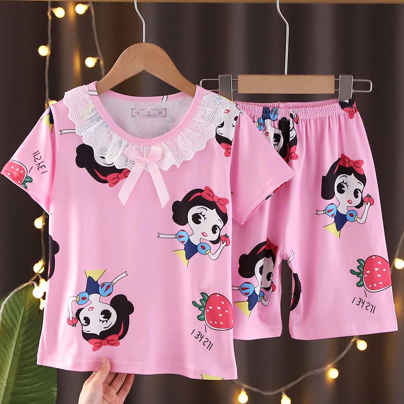 Bộ Đồ Ngủ Mặc Nhà Tay Ngắn Vải Mỏng Thiết Kế Dễ Thương Cho Bé Gái