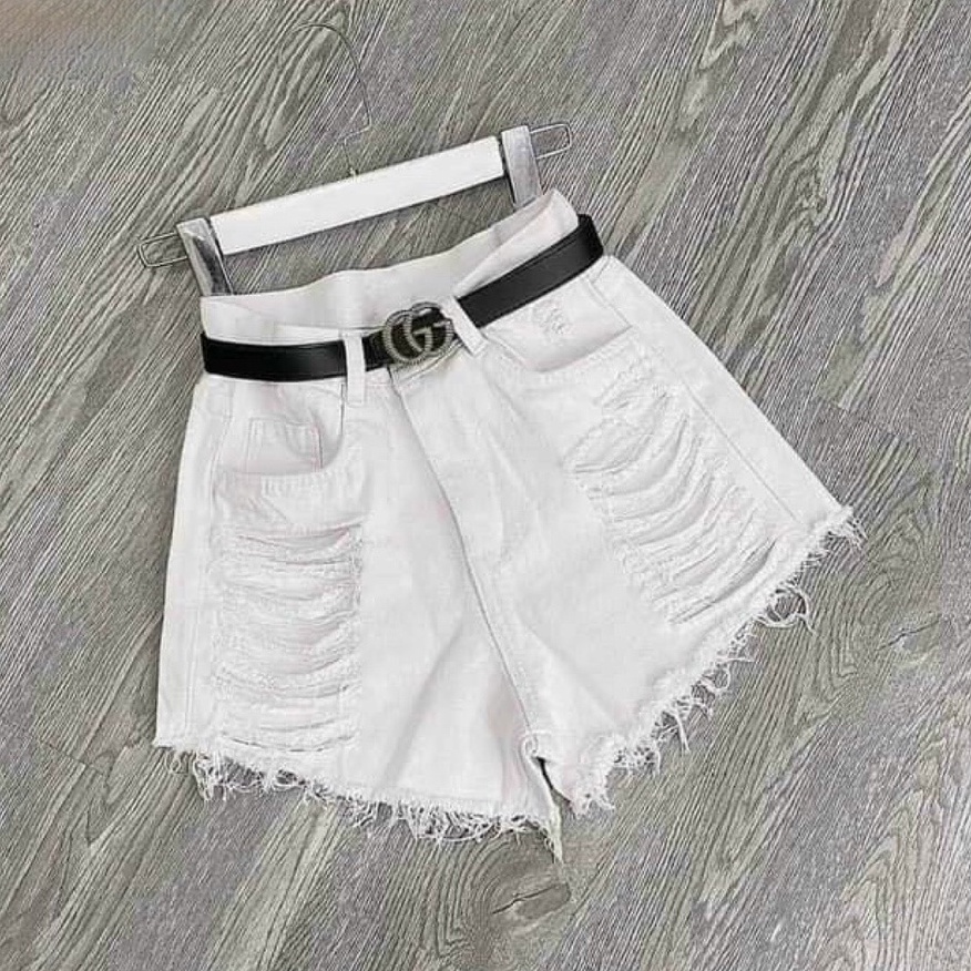 Quần short jean trắng rách quần đùi jean lưng cao
