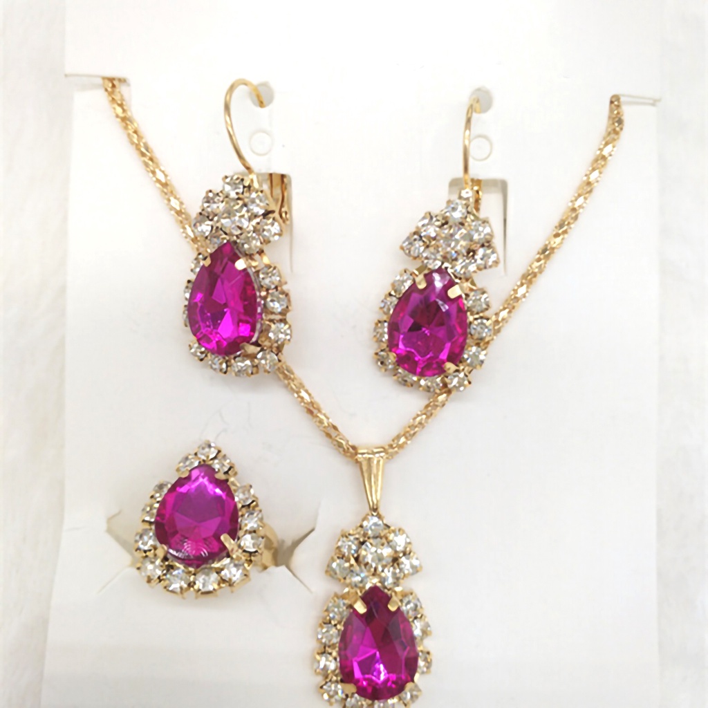 Set trang sức dây chuyền nhẫn và đôi khuyên tai đính đá nhân tạo màu sắc tươi sáng thanh lịch dành cho nữ