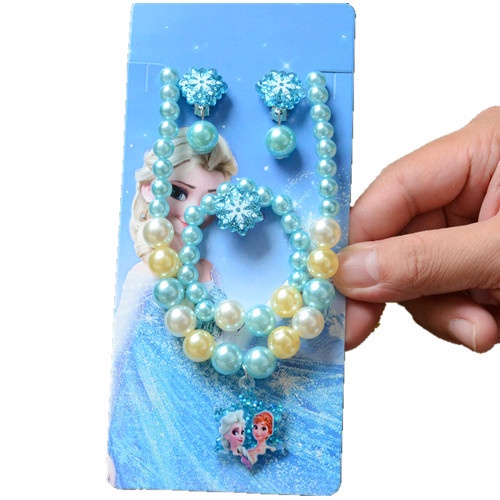 Bộ Trang Sức 5 Món Gồm Vòng cổ / Vòng Tay / Nhẫn / Bông Tai Đính Ngọc Trai Nhân Tạo Hình Công Chúa Frozen Dễ Thương Cho Bé Gái