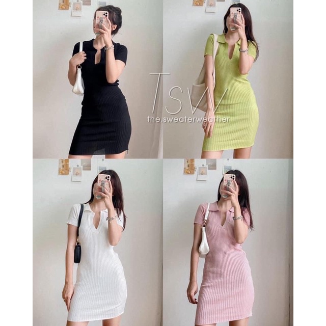 Váy Thun Tăm Polo Nữ [FREESHIP] 🌸 Đầm tay lỡ cổ V dáng ôm body dự tiệc bánh bèo tiểu thư Ulzzang 🌸