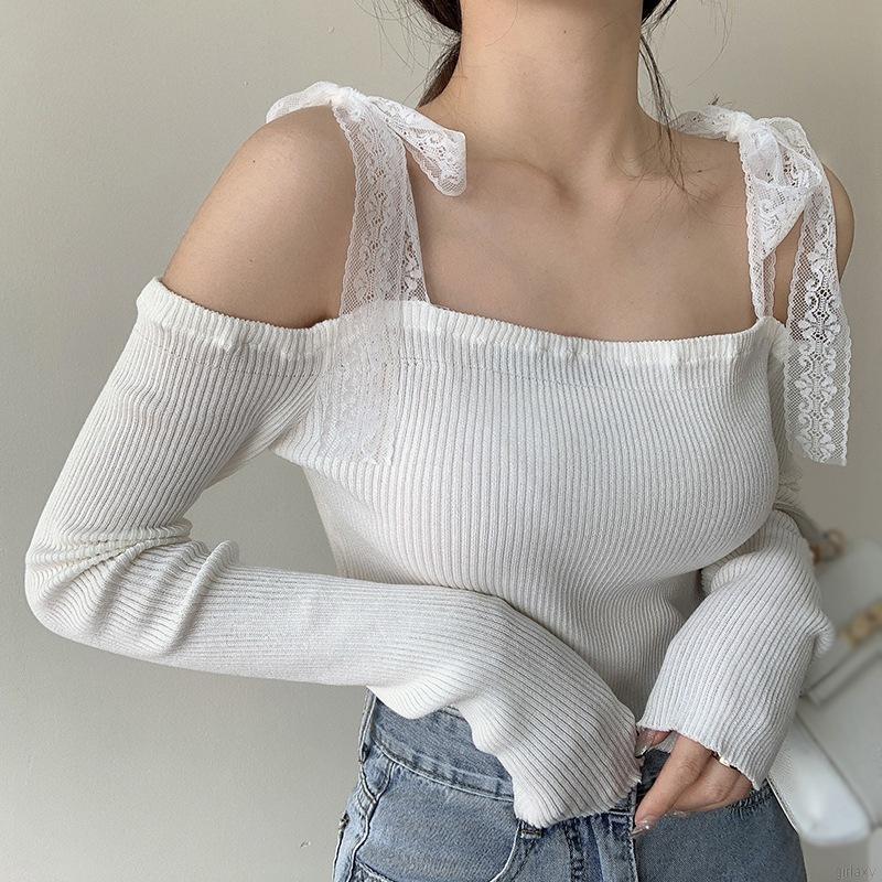 Áo croptop hở vai tay dài phối dây cột ren phong cách Hàn Quốc dành cho nữ