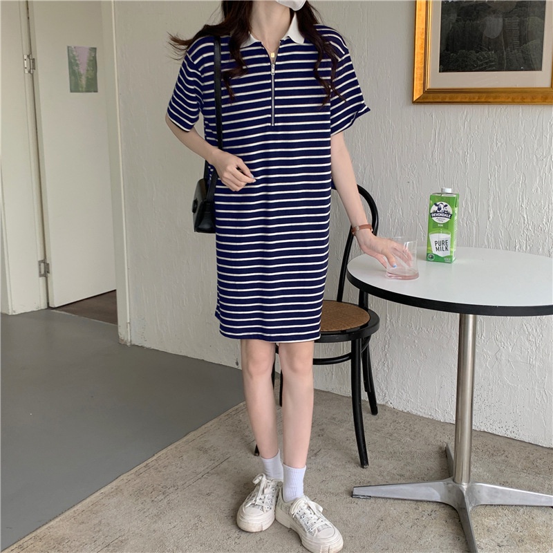 Đầm thun polo IELGY tay ngắn dáng rộng họa tiết kẻ sọc thời trang xinh xắn cho nữ