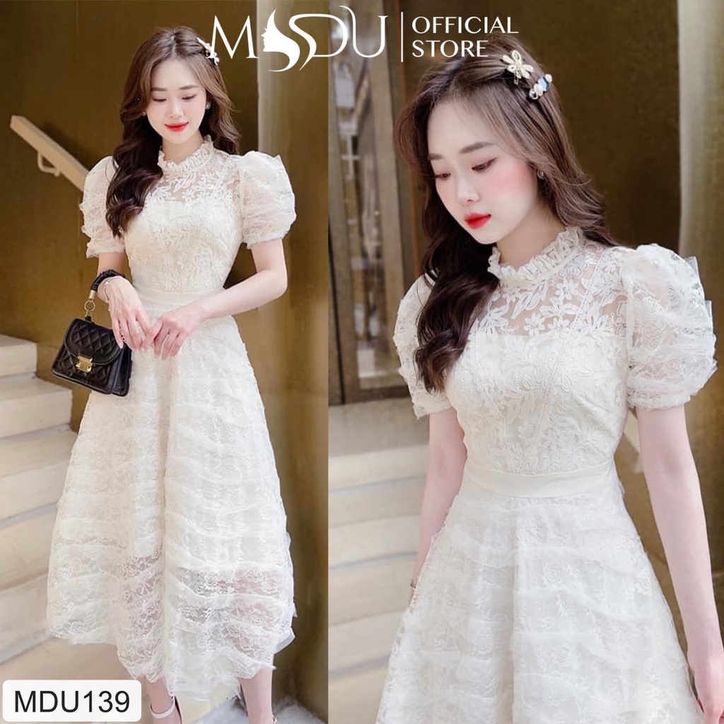 Đầm ren nữ dáng xòe tay bồng tiểu thư trắng MDU139 - THỜI TRANG THIẾT KẾ MDU