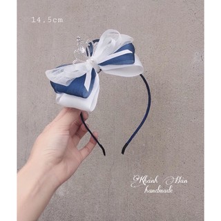 Cài tóc nơ trắng mix xanh gắn vương miện size 14,5cm cho bé gái ( ảnh thật KH handmade )