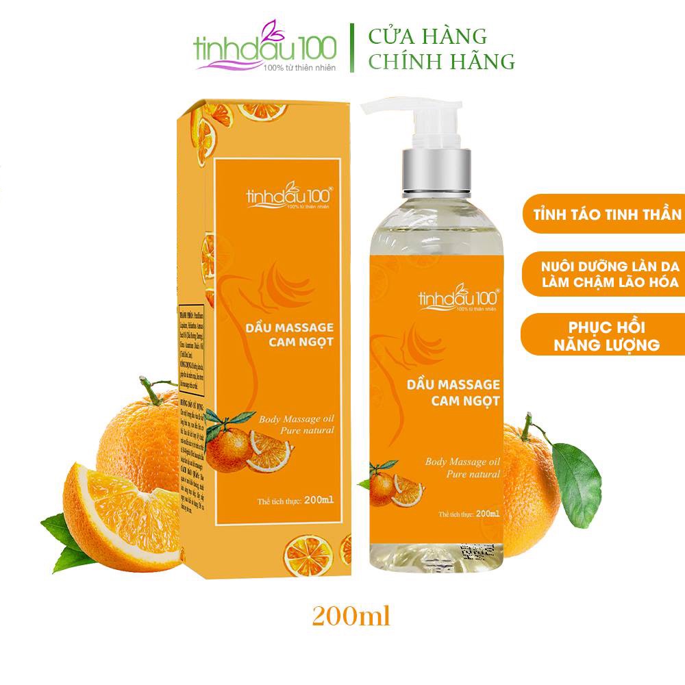 Dầu massage body cam ngọt Tinh Dầu 100 thư giãn. Tinh dầu matxa toàn thân giảm mệt mỏi chai 200ml