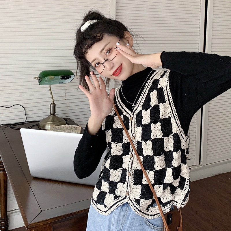 Áo khoác cardigan không tay cổ chữ V họa tiết sọc caro thời trang cho nữ