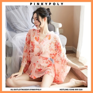 Váy Ngủ Sexy Áo choàng Kimono hoa đào cao cấp kèm quần lót lọt khe PinkyPoly VN15