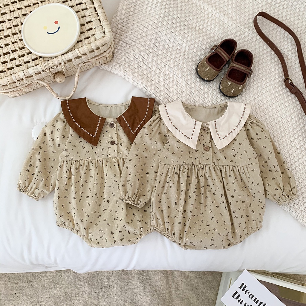 Bộ Áo Liền Quần Tay Dài Cổ Bẻ In Họa Tiết Chấm Bi Xinh Xắn Cho Bé Gái Từ 0-2 Tuổi