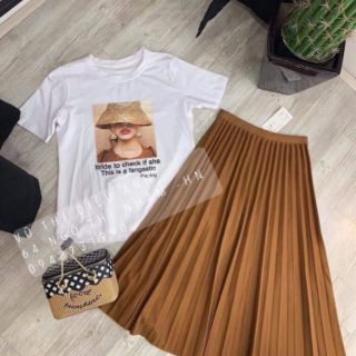 Set áo cô gái + chân váy dập ly siêu sang