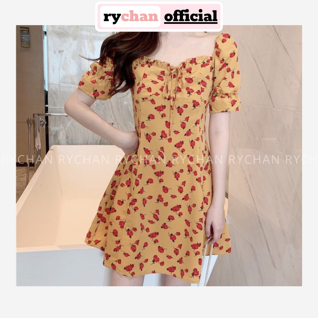 Đầm Xòe Đi Dạo Biển Hoa Vàng Cổ Vuông Nơ Cổ - DX867