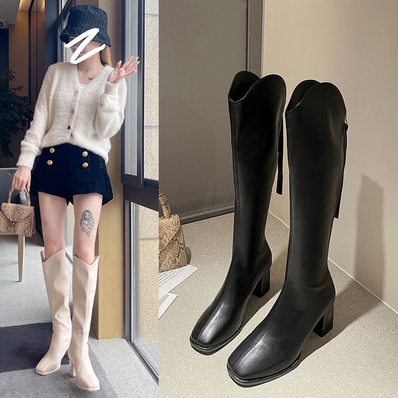 Giày boot da nữ cao cổ da mềm gót vuông ôm chân cao 7cm