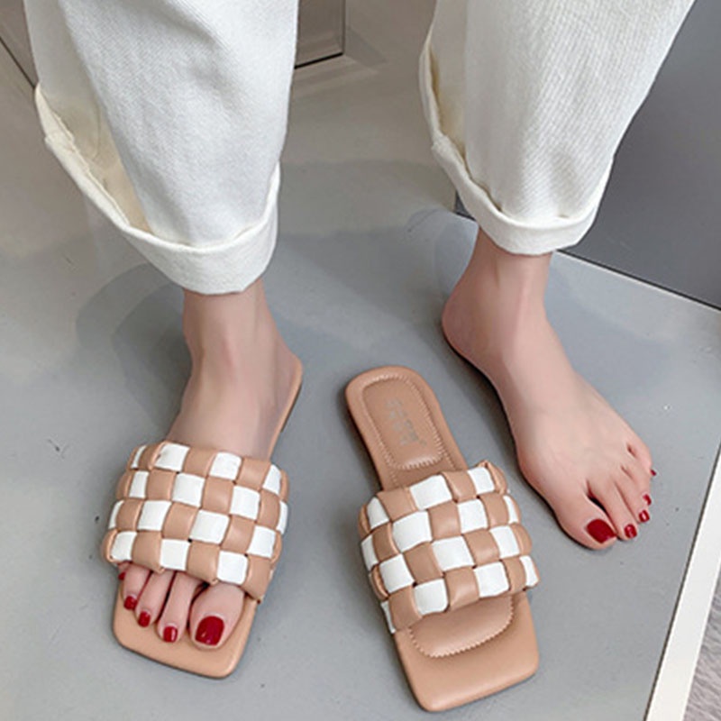 Dép Sandal Đế Bệt Mũi Vuông Họa Tiết Ca Rô Thời Trang Hàn Quốc Dành Cho Nữ