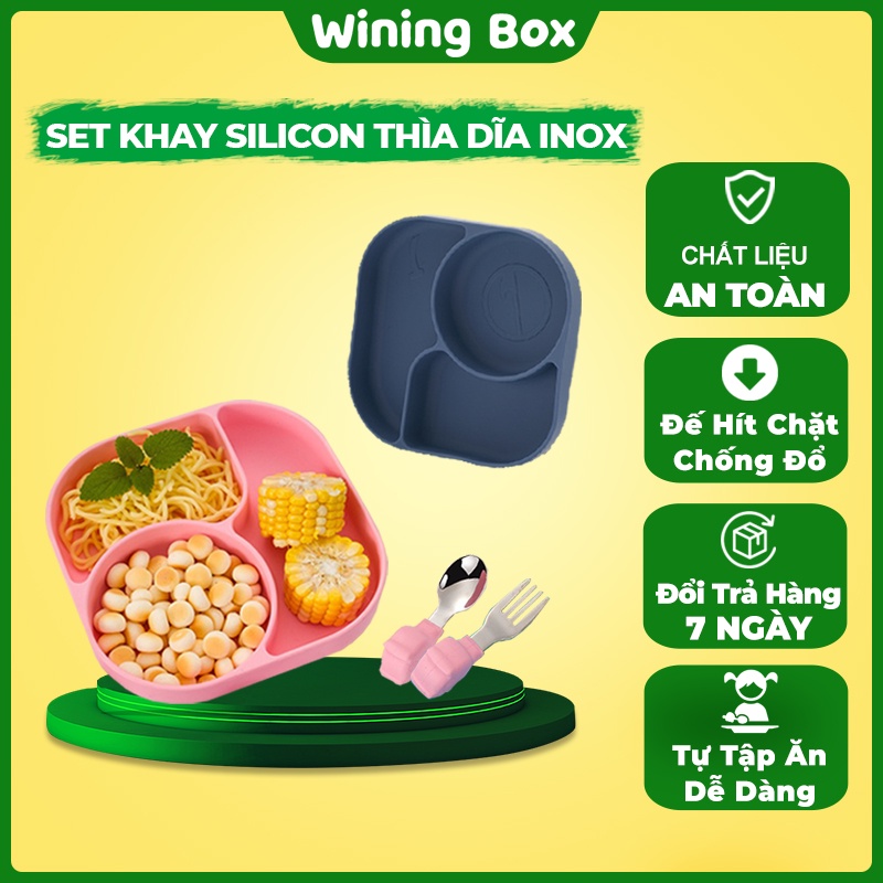 Khay ăn dặm silicon chống đổ có đế hút chân không hình vuông kèm thìa inox cho bé mẫu 2021 Winingbox