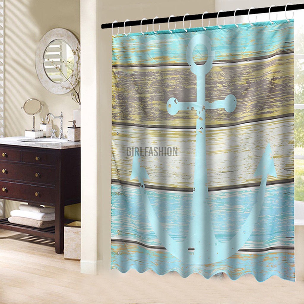 180*180cm Waterproof Non Slip Blue Ship Anchor Print Modern Shower Curtain With Hooks Anchor Pattern Bathtub
