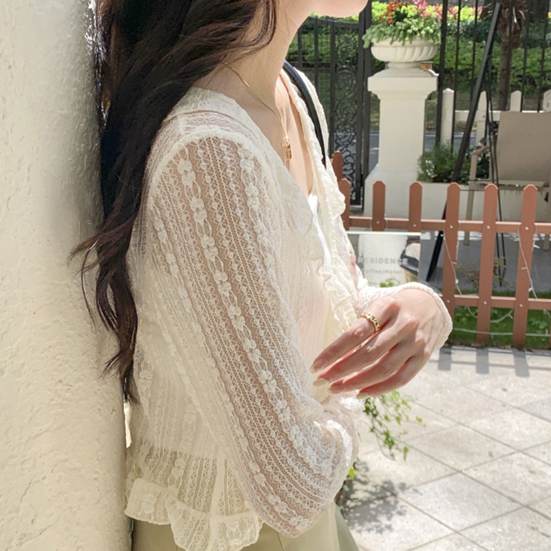 Áo Cardigan Tay Dài Phối Ren Lưới Màu Trơn Thắt Nơ Phía Trước Thời Trang Mùa Hè Cho Nữ