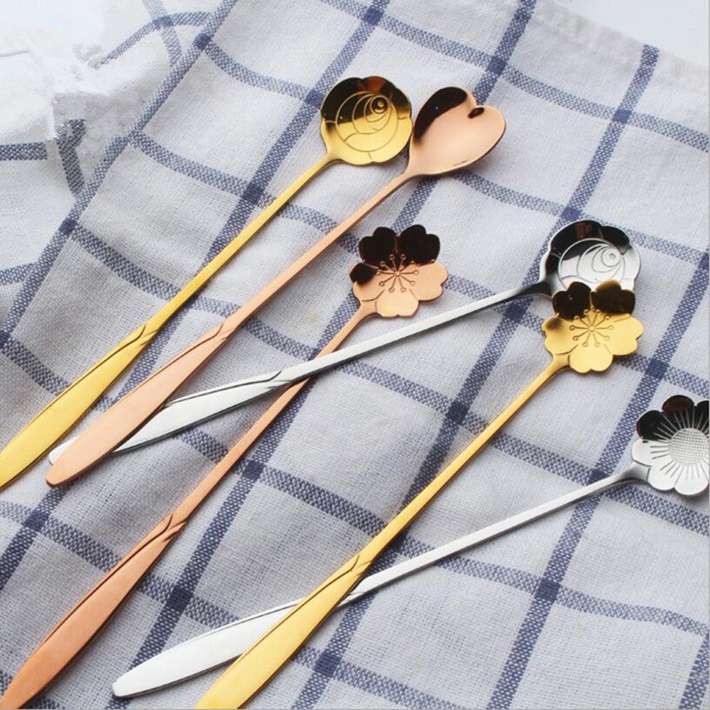 Muỗng khuấy trà YIYU bằng thép không gỉ tay cầm dài họa tiết phong cách vintage