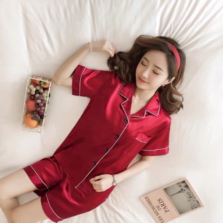 Bộ ngủ pizama lụa quần ngắn trơn màu