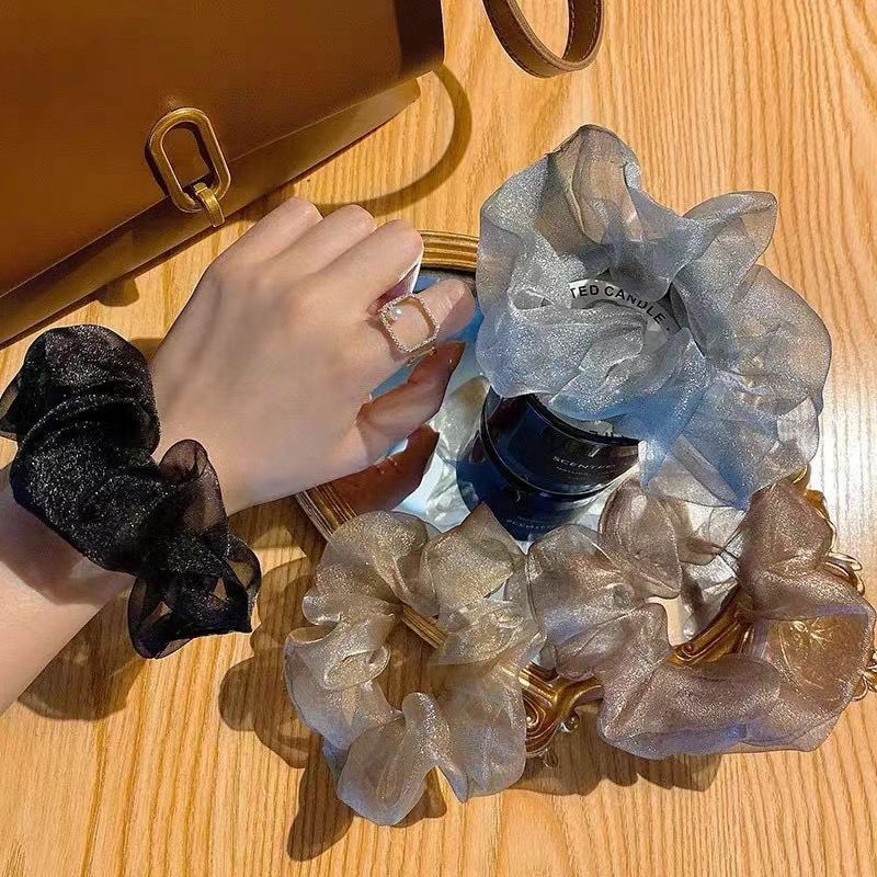 Dây cột tóc scrunchies màu trơn phối lưới vải voan bản to hot trend Hàn Quốc Tatitava