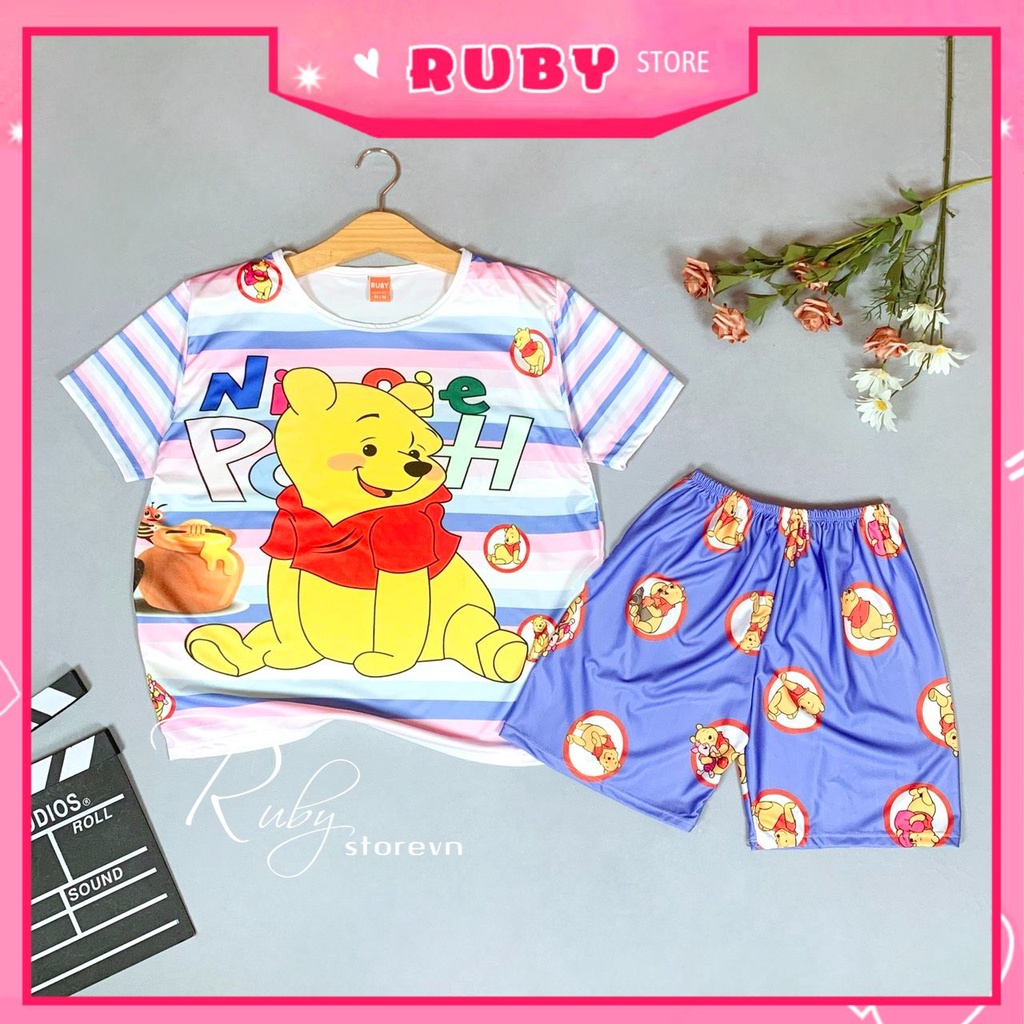 Đồ bộ thun in 3D mẹ và bé size đến 70kg chất thun mềm mát in hình gấu hoạt hình chibi dễ thương DBRBL FULL SIZE