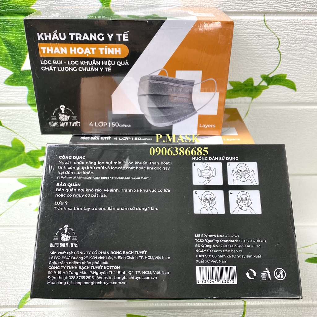 Khẩu trang THAN HOẠT TÍNH 4 lớp BẠCH TUYẾT mới 50 cái / hộp chính hãng Bông Bạch Tuyết