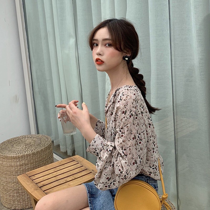 【Ảnh thật] Áo sơ mi voan hoa nhí phong cách ulzzang