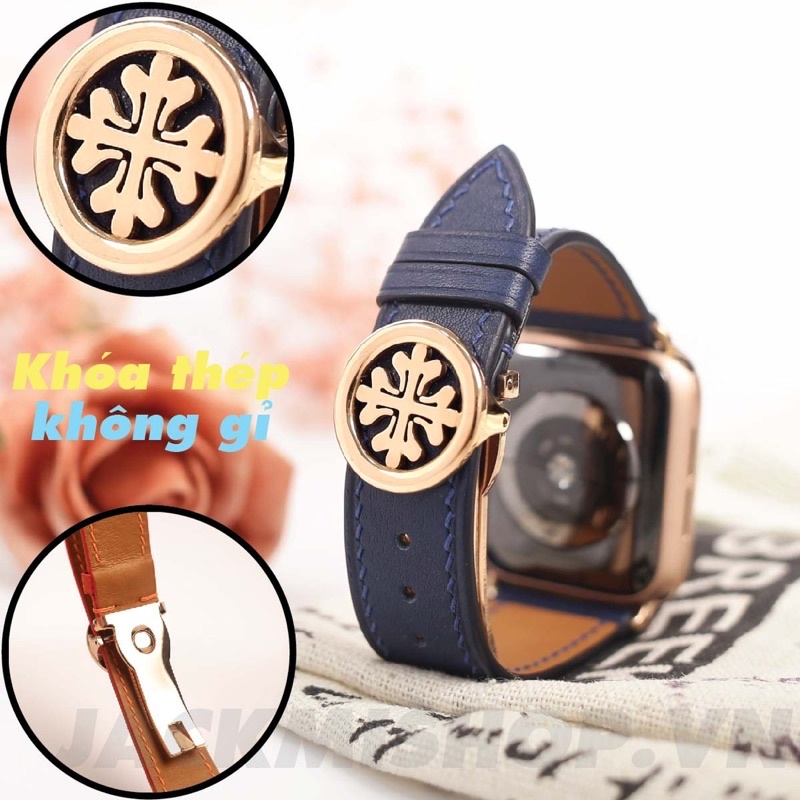 [DÂY DA THẬT] DÂY DA BÊ SWIFT MAY TAY THỦ CÔNG MÀU DARK BLUE KHÓA PATEK CHO APPLE WATCH SERIES 1=&gt;6 (BẢO HÀNH 1 NĂM)