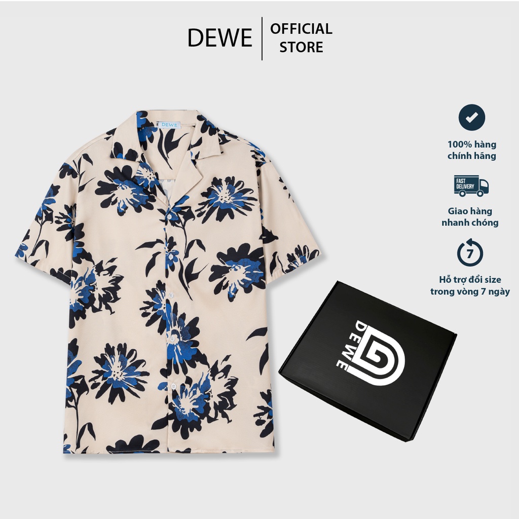 Áo sơ mi ngắn tay DEWE, vải lụa chéo nhập khẩu chống nhắn thoáng mát, hoạ tiết Hoa Đen - DEWE Cuban Shirt