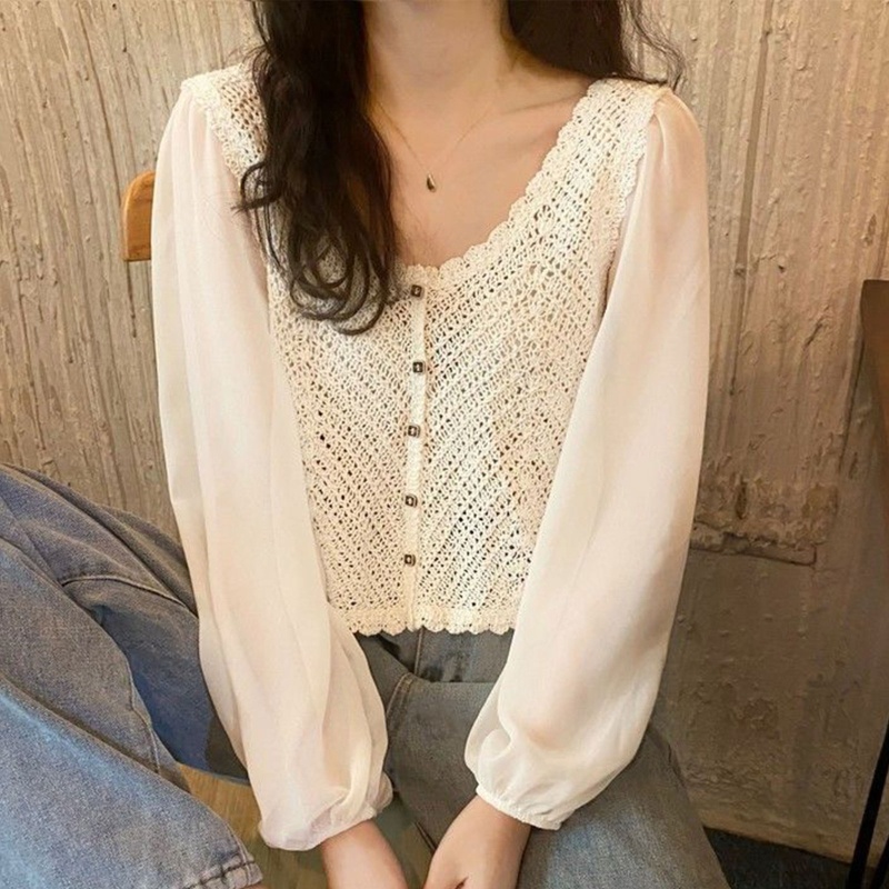 Brroa Áo Khoác Cardigan Dệt Kim Vải Voan Tay Dài Phồng Cài Nút Xuống Cổ Dệt Kim Màu Trơn Kiểu Pháp Cho Nữ