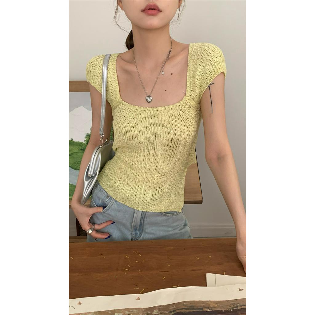 qkoole Áo Thun Tay Ngắn Cổ Vuông Thắt Dây Lưng Thời Trang Cho Nữ