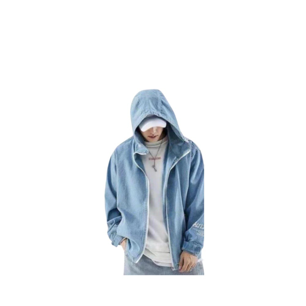 HCM Áo Khoác Jean Nam, Áo Khoác Jean Unisex Có Mũ In Chữ Siêu Hot mã: JG_AJNAM_1310