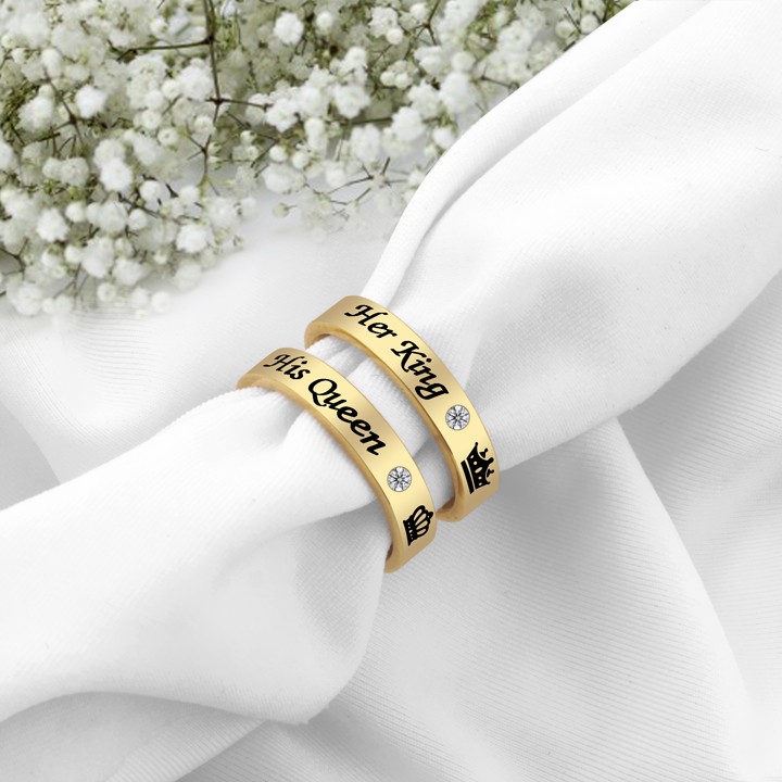 NHẪN CẶP ĐÔI INOX HER KING HIS QUEEN MẠ VÀNG NC072 siêu đẹp - tặng hộp đựng xinh xắn