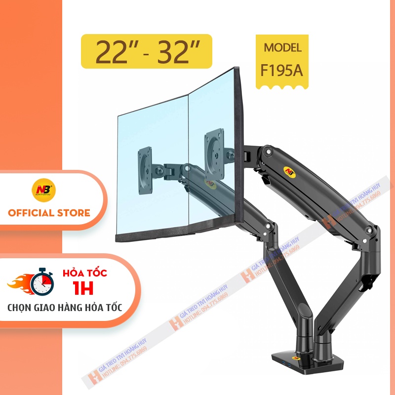 Giá Treo Hai Màn Hình NB F195A 22 - 32 Inch - Giá Treo Màn Hình Kép F195A - Tải Trọng 8Kg - Xoay 360 Độ