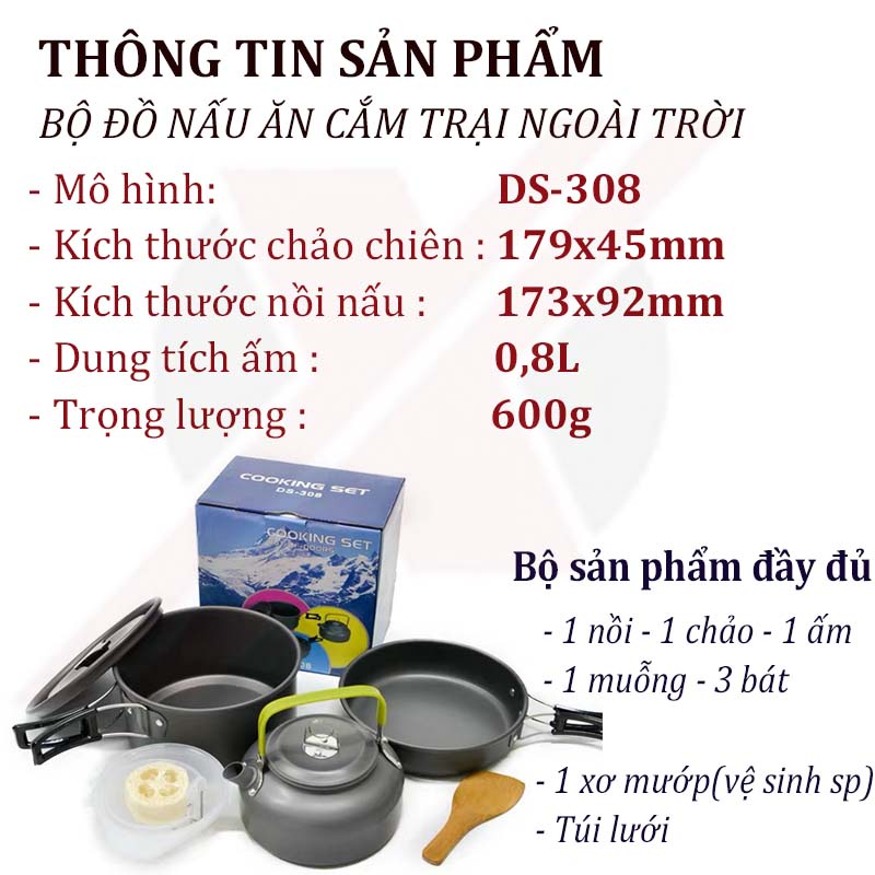 BỘ NỒI NẤU ĂN dã ngoại COOKING SET DS308 - BỘ NỒI DU LỊCH CAO CẤP, ĐA NĂNG 3 món có vung Dùng cho 2-3 người PICNIC NHÓM
