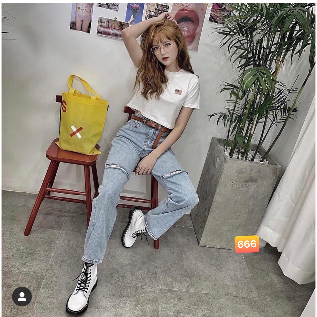 DEAL SỐC_Quần Jeans Nữ Ống Rộng Phối Rách Cao Cấp OHS666 | BigBuy360 - bigbuy360.vn