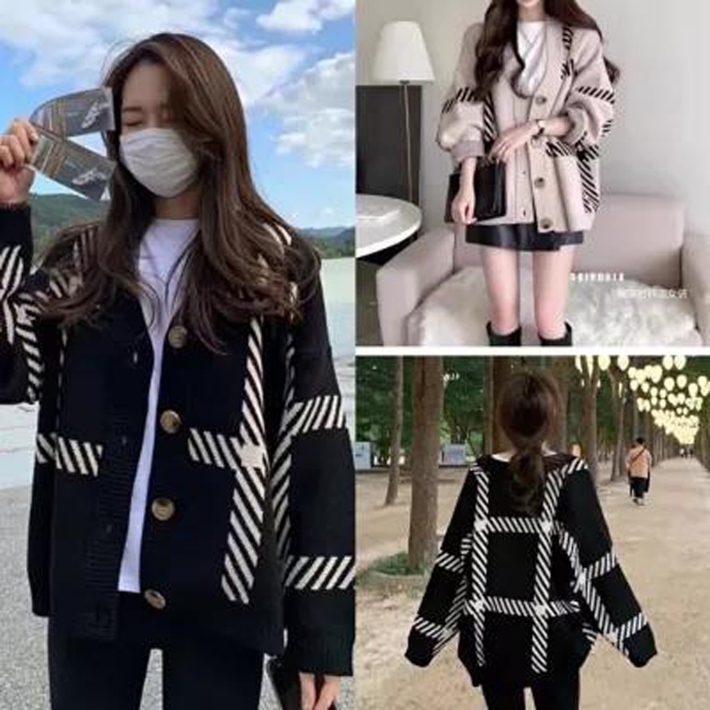 IELGY Áo Khoác cardigan Dệt Kim Dáng Rộng Họa Tiết Kẻ Sọc Màu Đen Đơn Giản Dễ Phối Đồ Cho Nữ