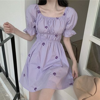 Đầm tay ngắn phồng kiểu dáng cổ điển nữ tính phong cách Pháp