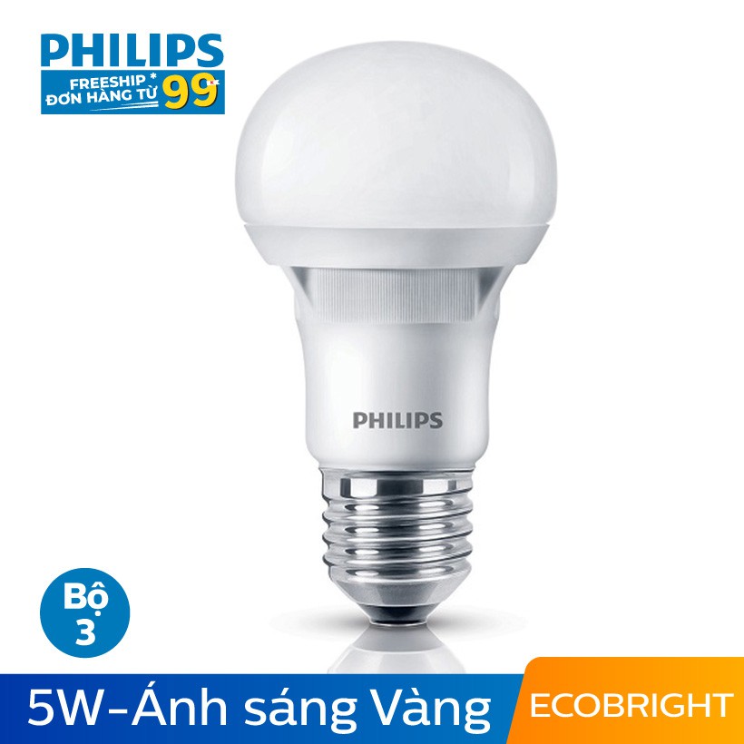 Bộ 3 Bóng đèn LED Philips Ecobright 5W 3000K E27 A60 - Ánh sáng vàng