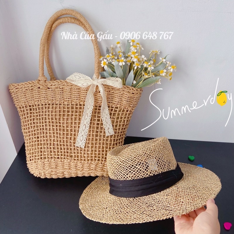 Túi cói lưới vintage cao cấp cầm tay cực chất