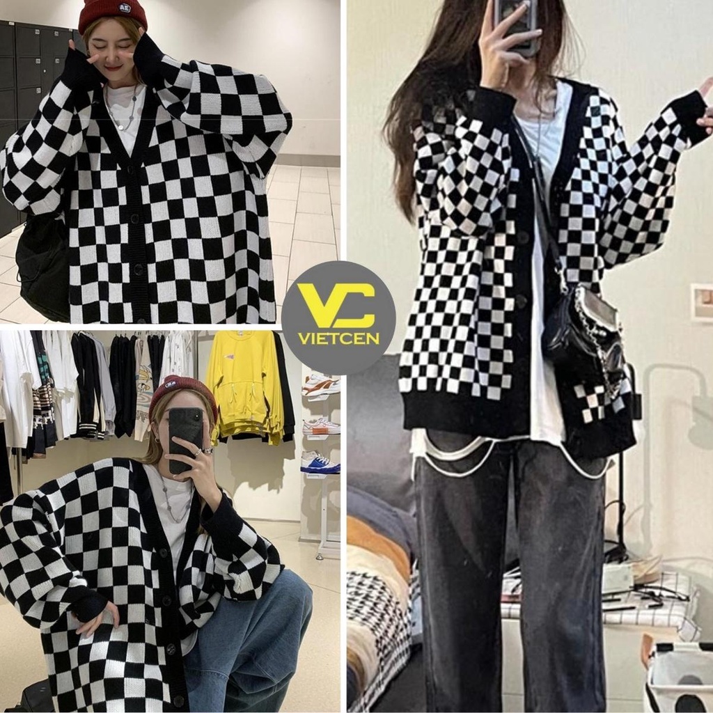 Áo khoác cardigan nữ nhẹ kẻ caro form rộng thu đông xinh xắn Ulzzang