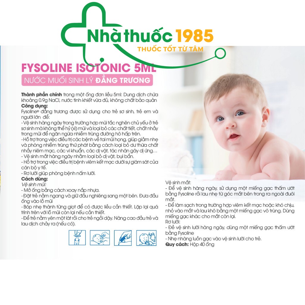 Tép nước muối sinh lý Pháp - Vệ sinh mắt, mũi, miệng cho bé Fysoline hộp 40 tép