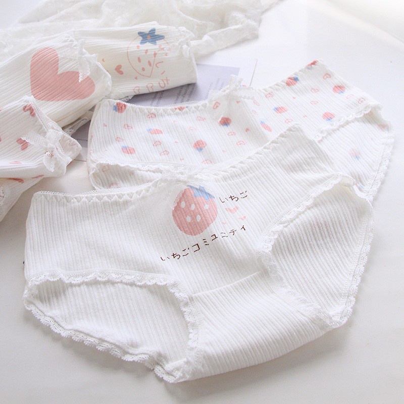 Quần Lót Nữ - Quần Lót Nữ Cotton tông trắng gân hồng đáng yêu DAN STORE Mã 0749