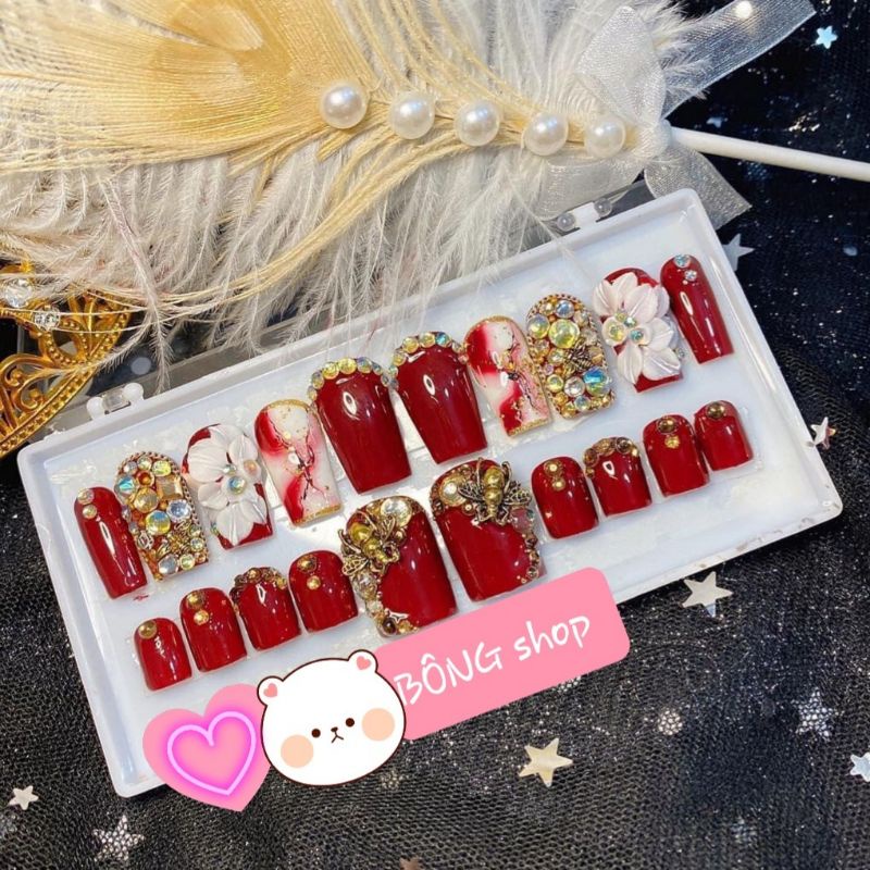 Nail box Móng tay và chân thiết kế màu đỏ hoa bột trắng Tặng kèm keo dán móng