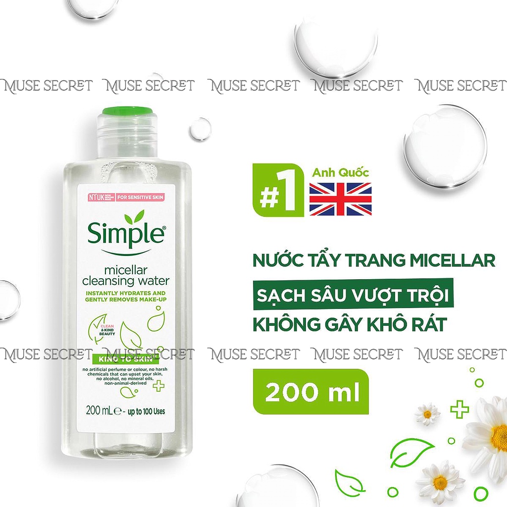 [Quà Tặng Khẩu Trang] Nước Tẩy Trang Simple - Micellar làm sạch trang điểm vượt trội - không chứa cồn gây khô rát 200ml | BigBuy360 - bigbuy360.vn