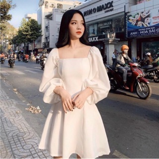 Đầm Trắng Cổ U [ Ảnh Thật]