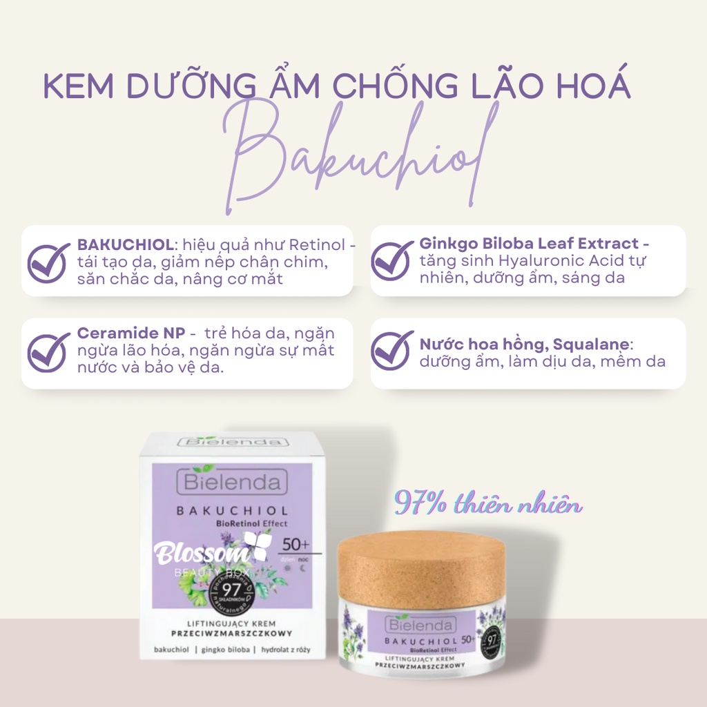 Kem dưỡng ẩm chống lão hoá Bielenda Bakuchiol Bio Retinol Effect Anti-wrinkle Moisturizing 40+