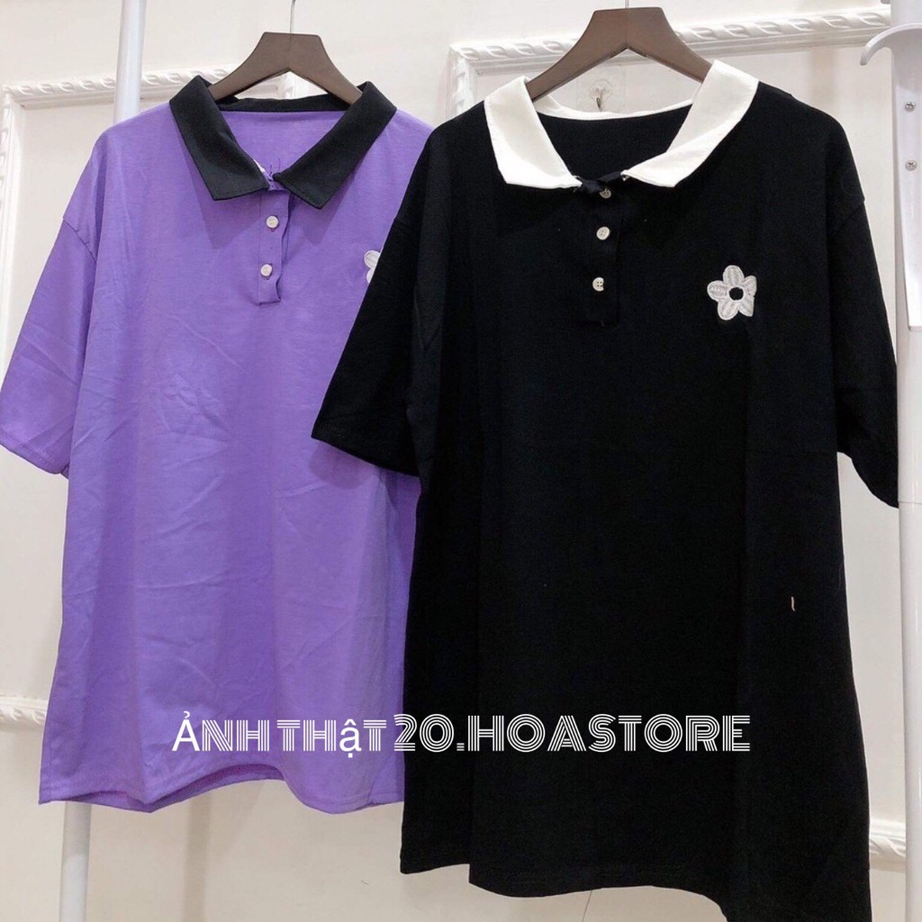 ÁO THUN POLO THÊU BÔNG HOA ĐEN TÍM UNISEX